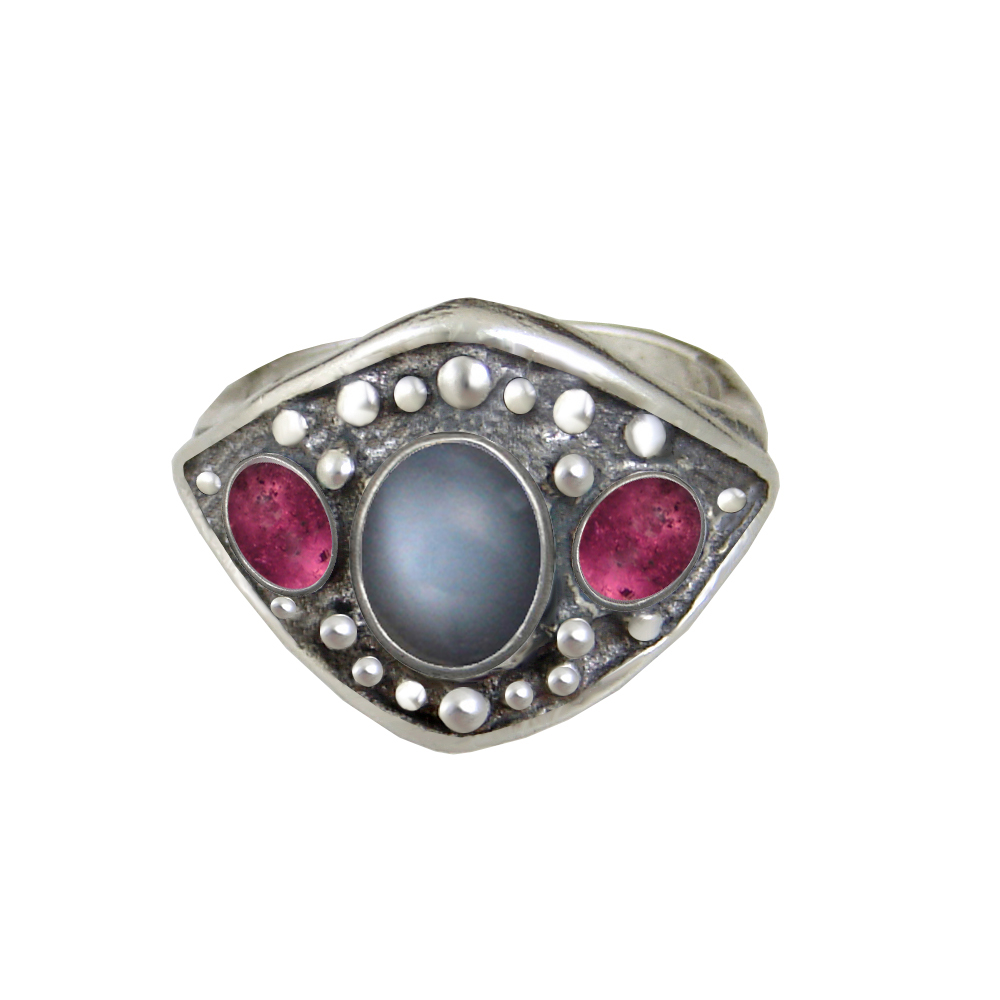 Sterling Silver Medieval Lady's Ring with Grey Moonstone And Pink Tourmaline Size 8